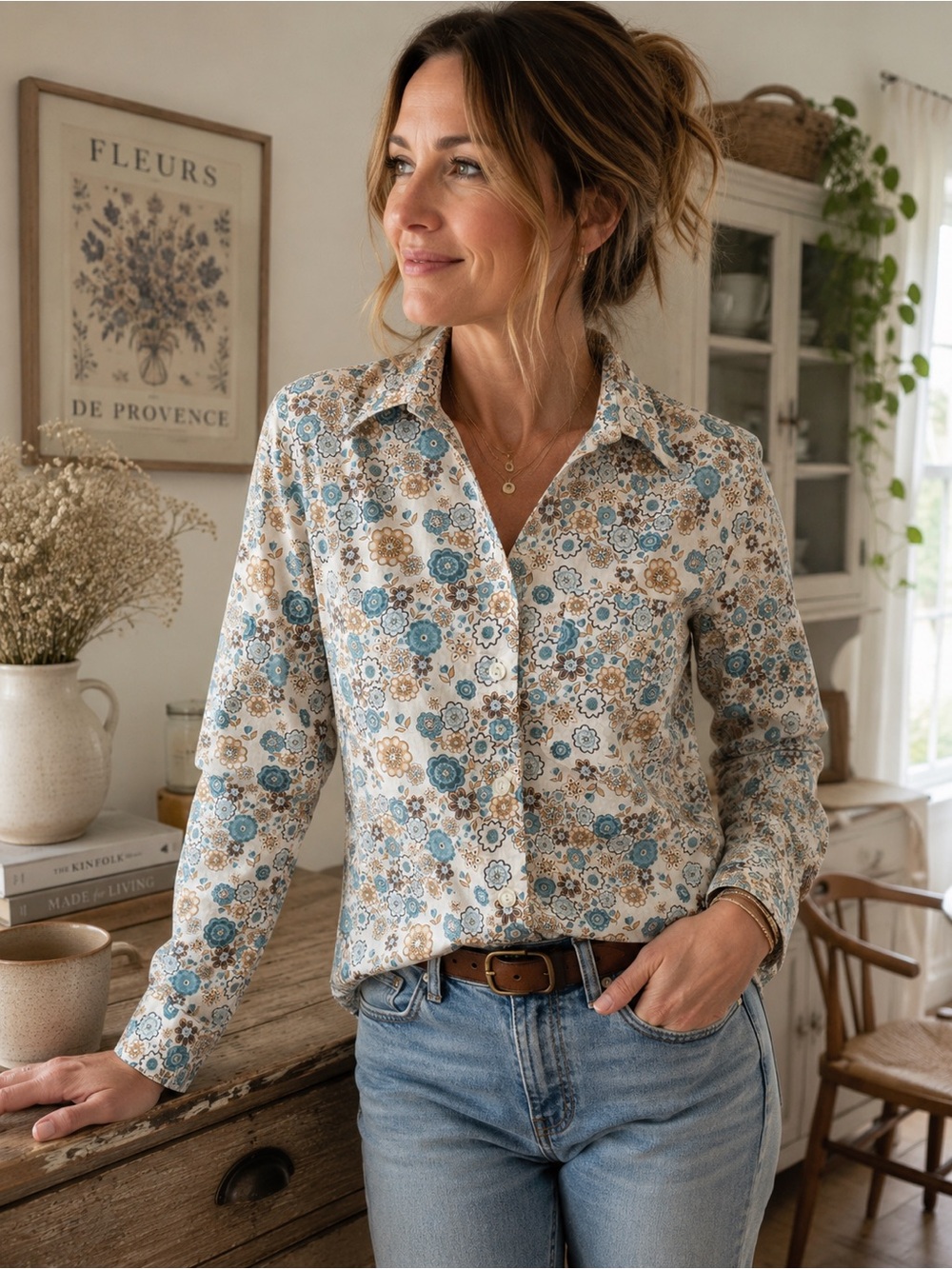 Tilley Floral Button Front Cotton Shirt Blue Tan White Women’s Medium
